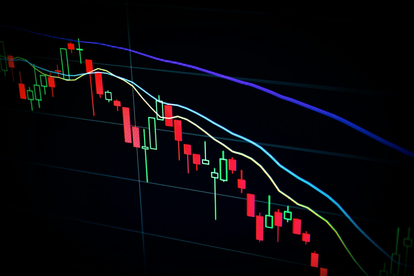 Financial market data displayed across multiple trading screens at a desk